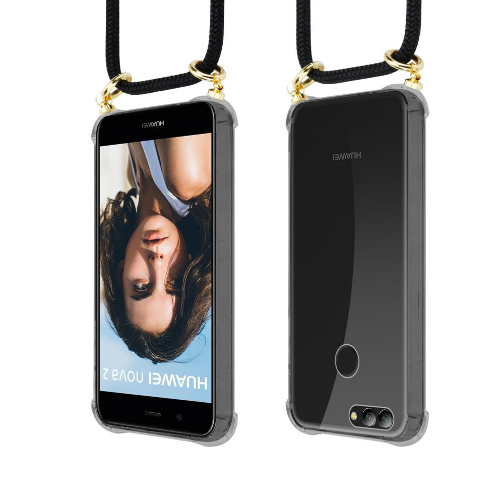 Vista anteriore e posteriore di un telefono Huawei con cinturino nero e connettori dorati.