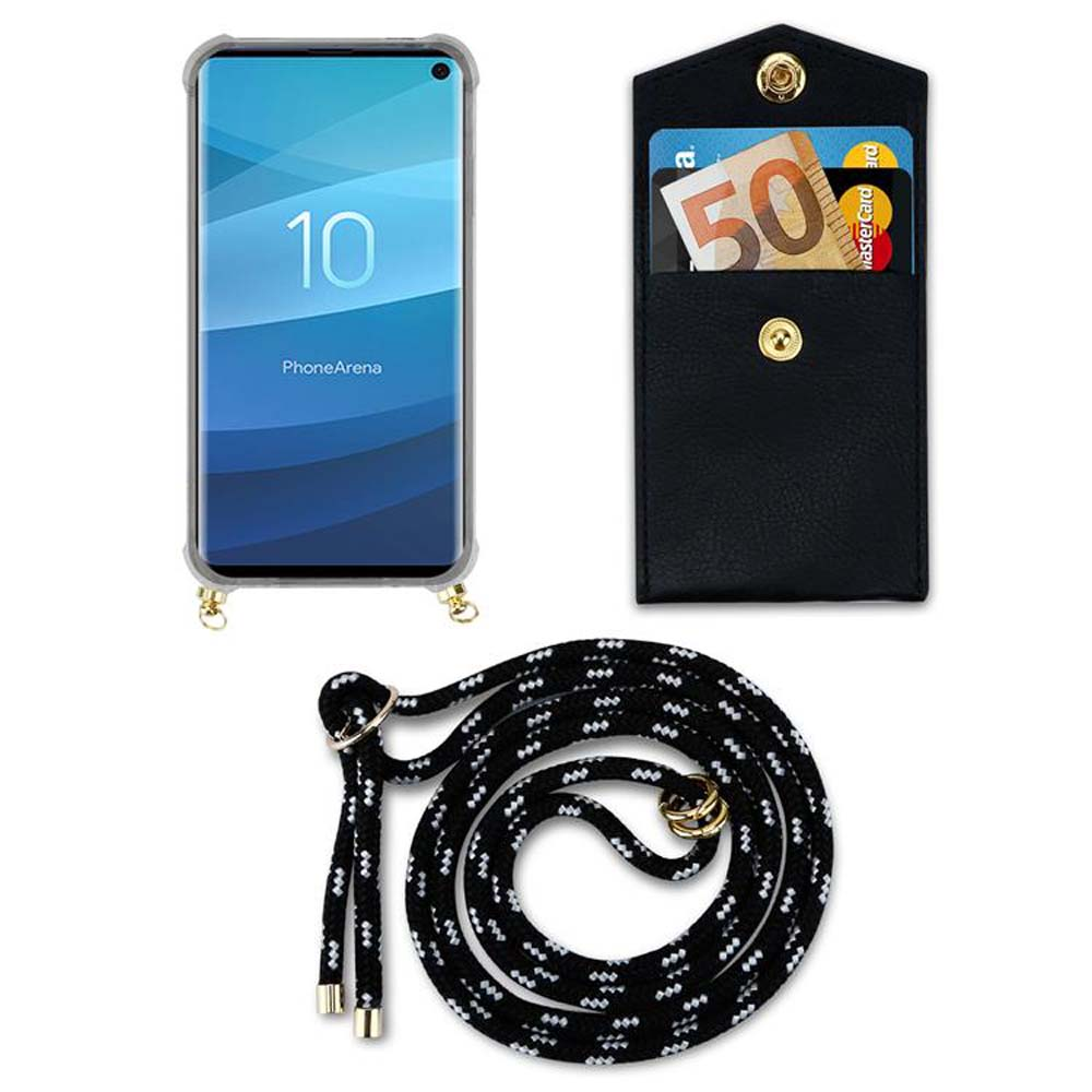 Un telefono con custodia, un portafoglio nero con soldi e carte, e una corda nera.