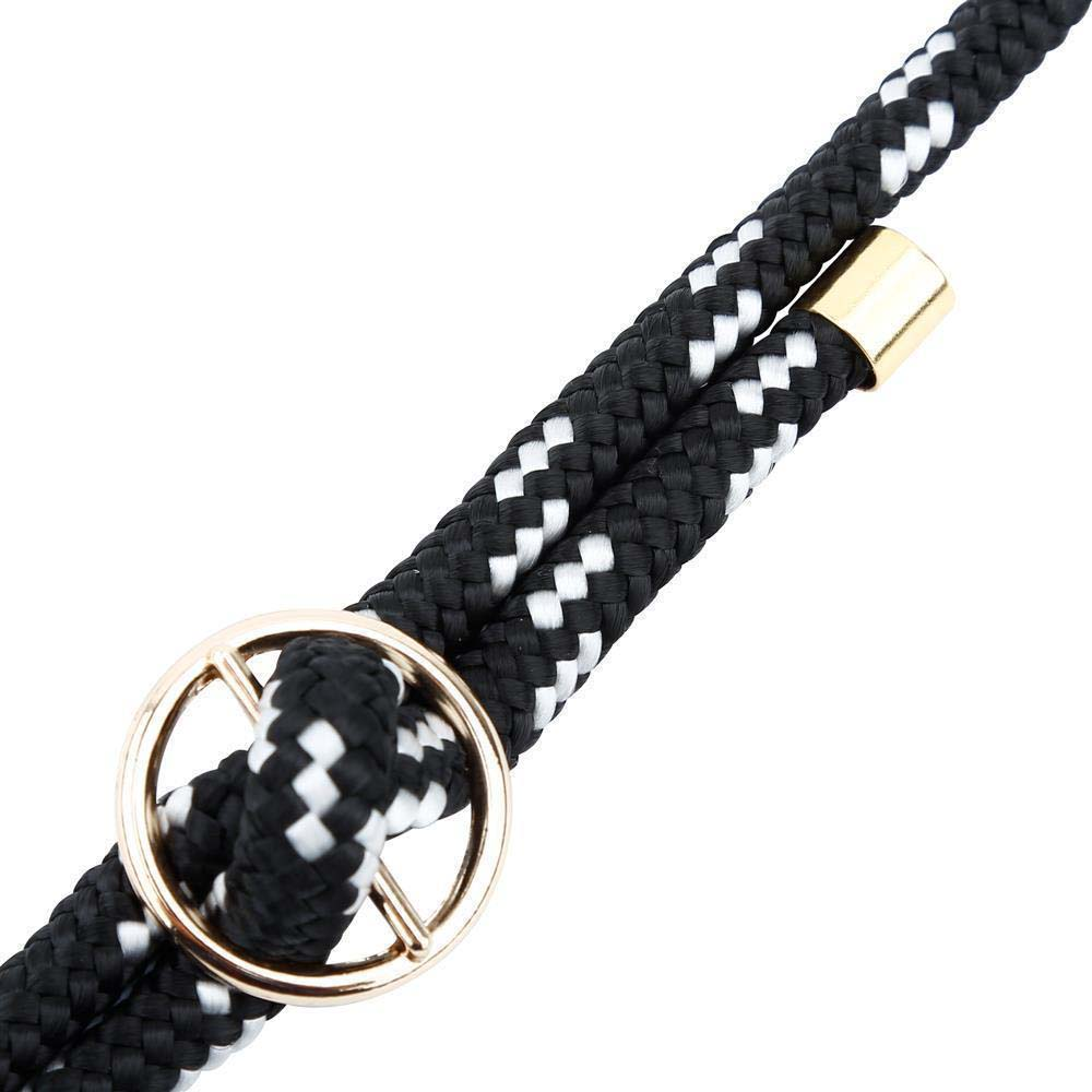 Cordino bianco e nero con finiture dorate e un anello circolare.