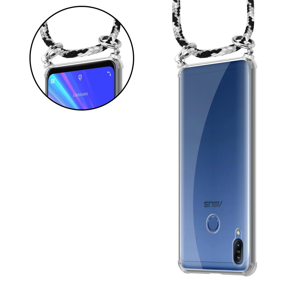 Ein durchsichtiger Handyhülle mit Lanyard und einem Smartphone mit Notfallbildschirm.