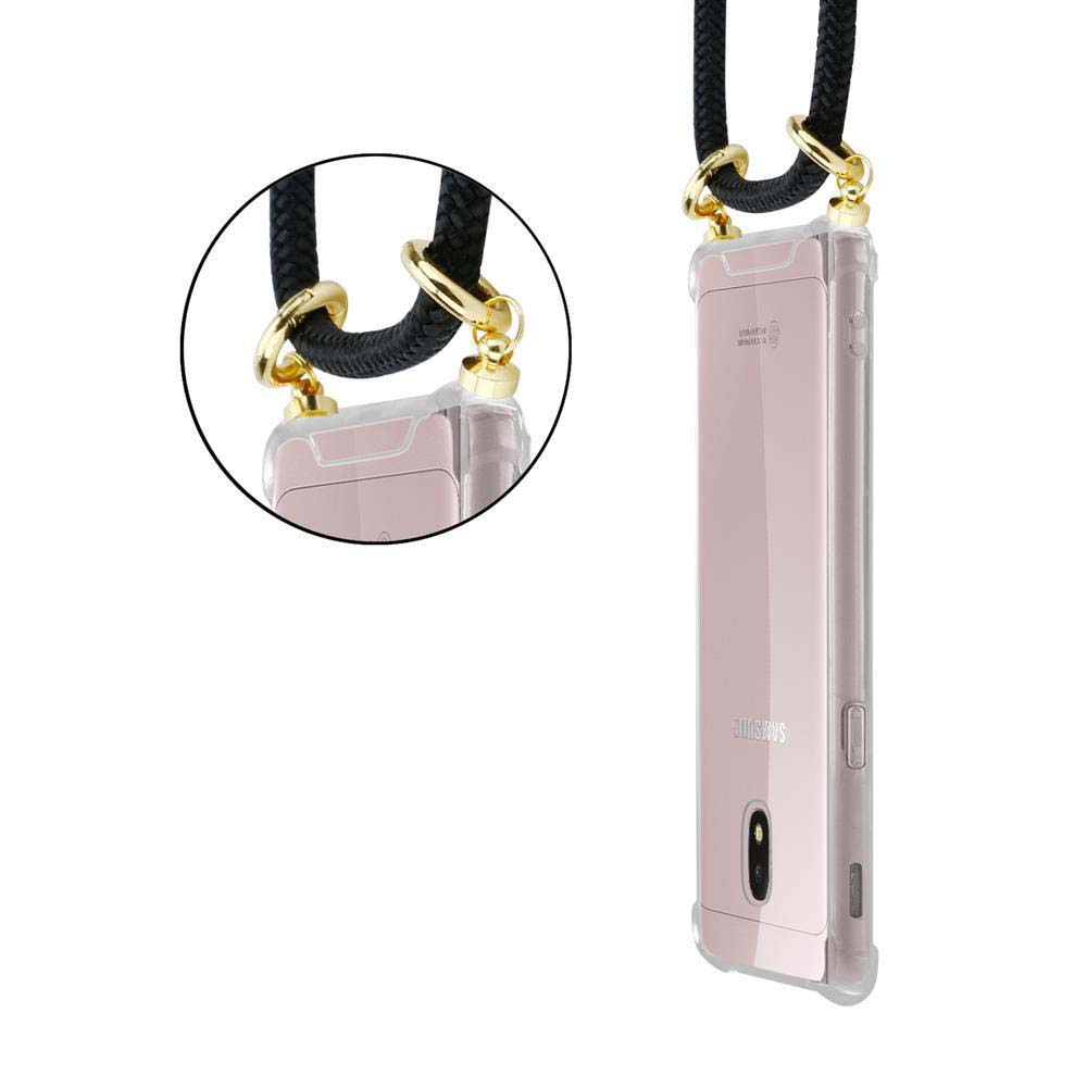 Custodia trasparente per telefono con cinturino nero e hardware dorato.