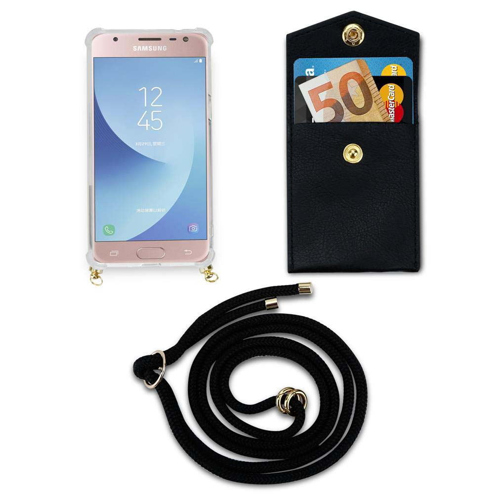 Un telefono Samsung rosa in custodia trasparente, portafoglio nero con soldi e carte, e laccetto.