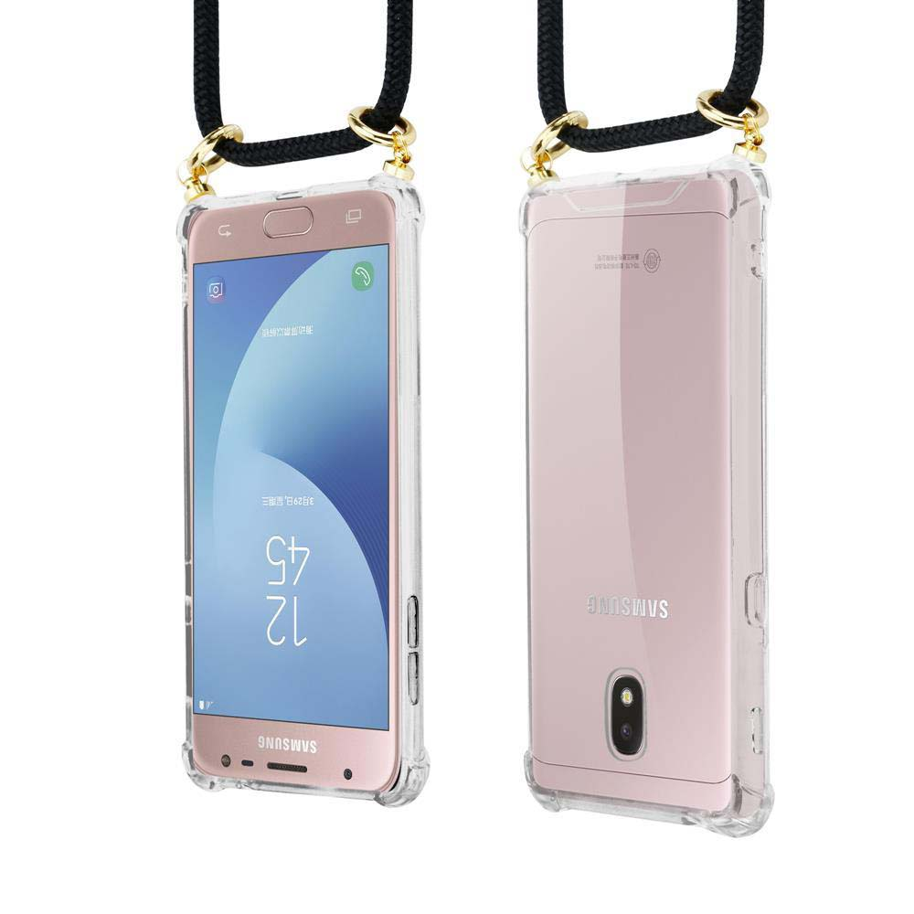 Due telefoni Samsung rosa in custodie trasparenti con laccetto nero.