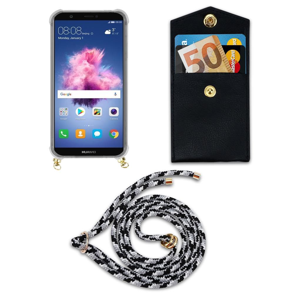 Smartphone Huawei con custodia porta carte nera, banconota e cordino.