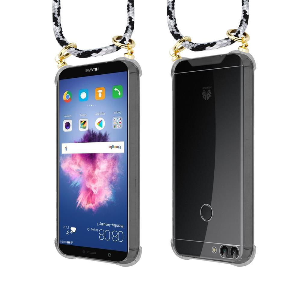 Due smartphone Huawei uno accanto all'altro, entrambi con cordino. Uno mostra lo schermo, l'altro il retro.
