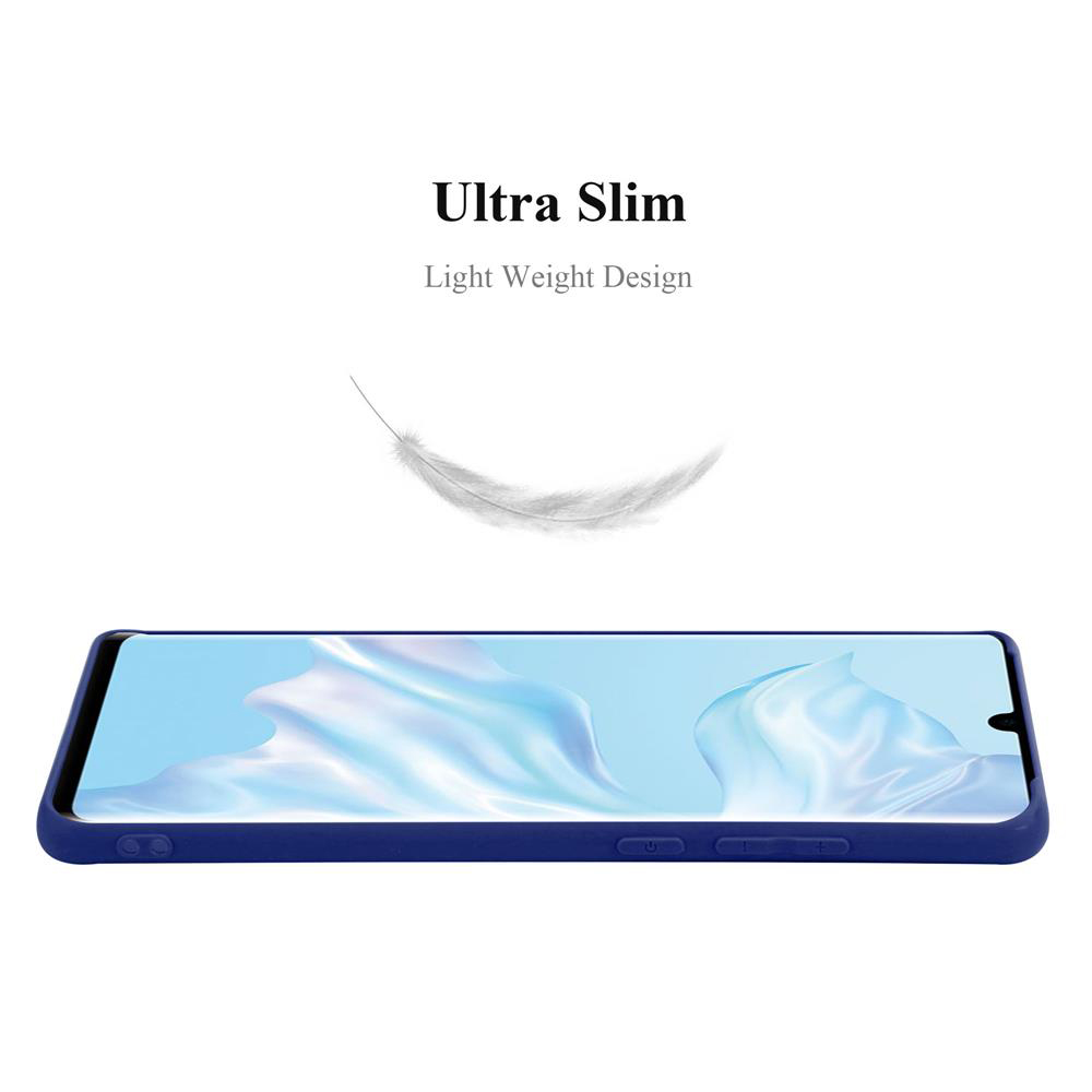 Ein schlankes blaues Handycase mit Feder-Symbol und Text.