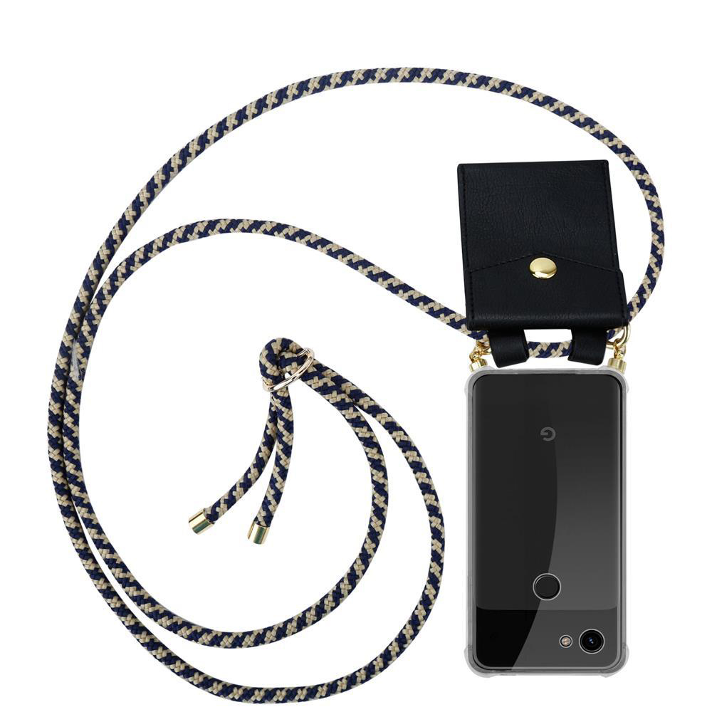 Schwarzes Handy mit Lanyard und kleiner Tasche auf weißem Hintergrund.