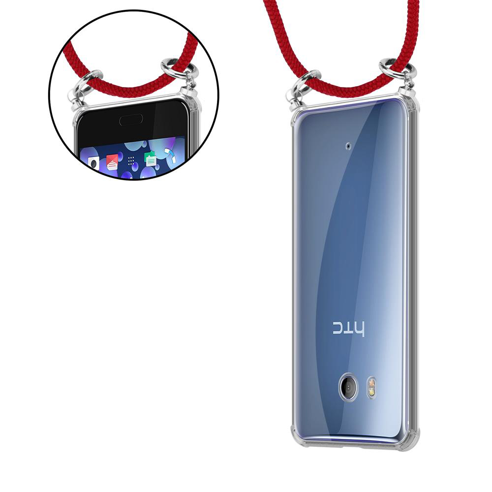 Eine durchsichtige Handyhülle mit rotem Lanyard ist abgebildet. Der Handybildschirm ist sichtbar.