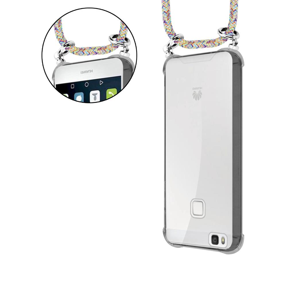 Due smartphone Huawei in custodie trasparenti con cordini colorati.