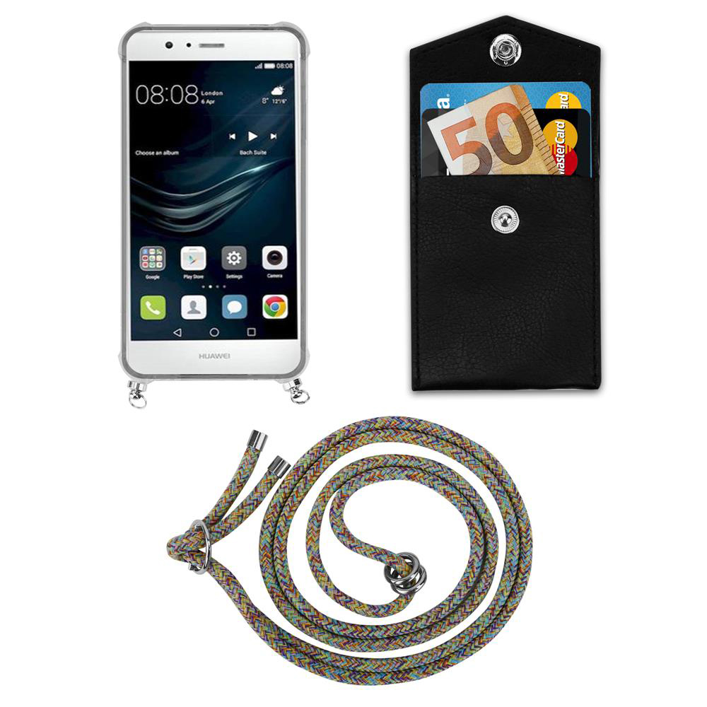 Uno smartphone, un portafoglio con soldi e carta, e un laccetto colorato.