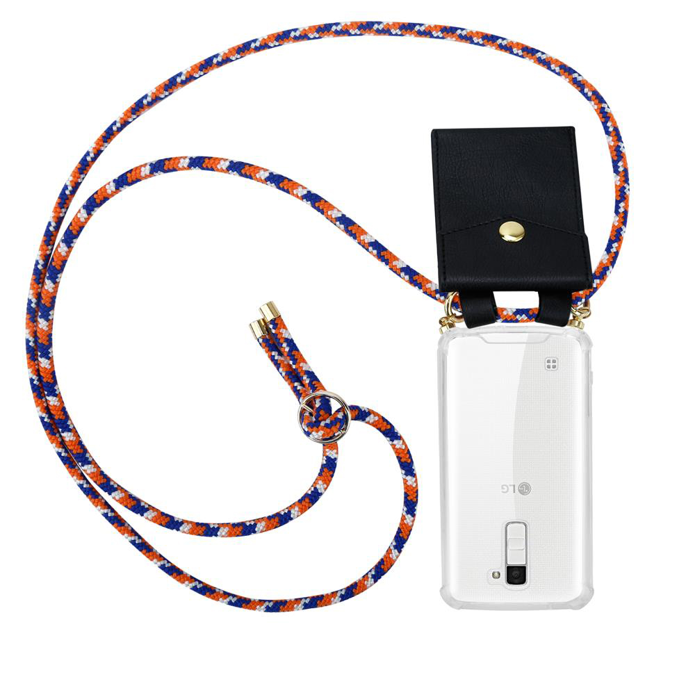 Ein transparentes Handy mit einem Lanyard aus blau-orange-weißer Kordel und einer schwarzen Tasche.
