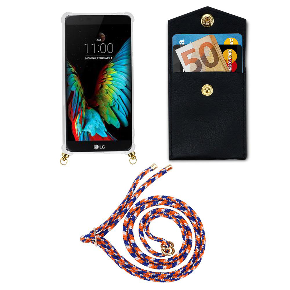 LG Smartphone in Hülle mit Kordel, daneben schwarze Brieftasche mit Euro und Karten.