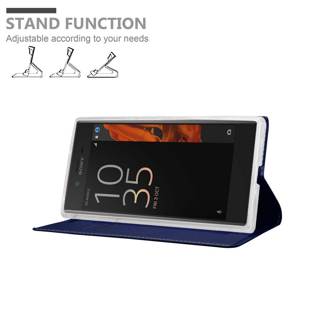 Smartphone Sony in custodia blu scuro con funzione stand.