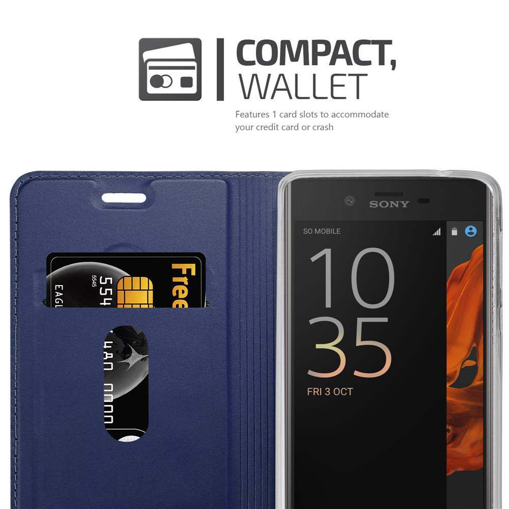 Una custodia a portafoglio blu con slot per carte che contiene uno smartphone.