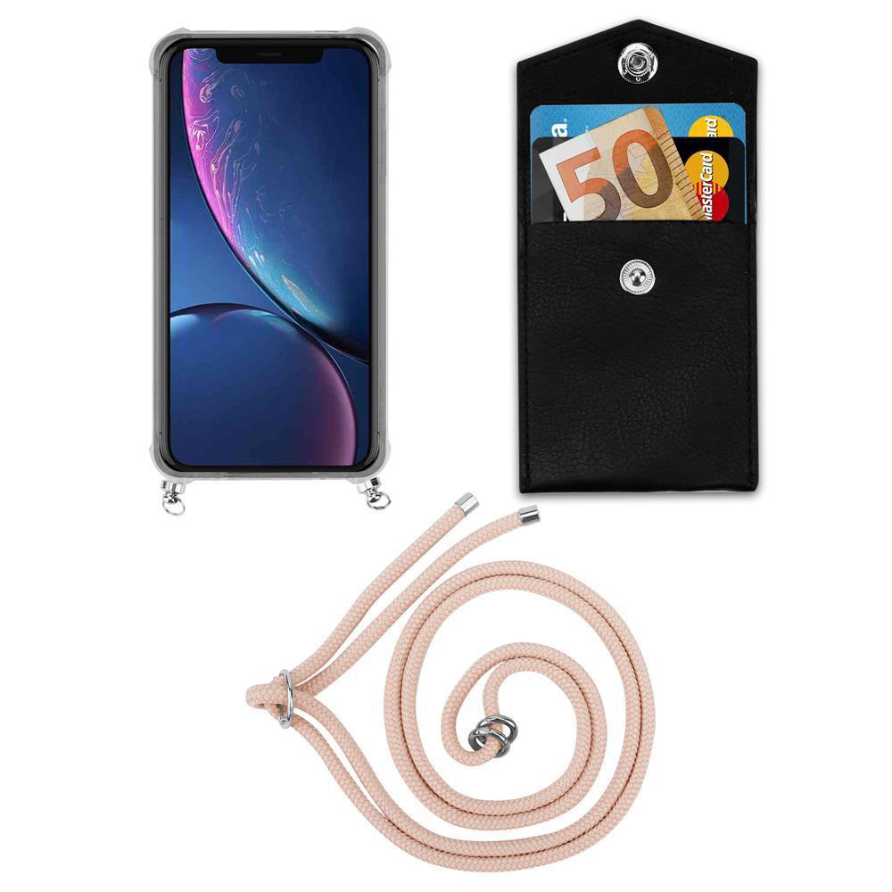 Uno smartphone in custodia, un portafoglio nero con banconota da 50 euro e carta, e un cordino.