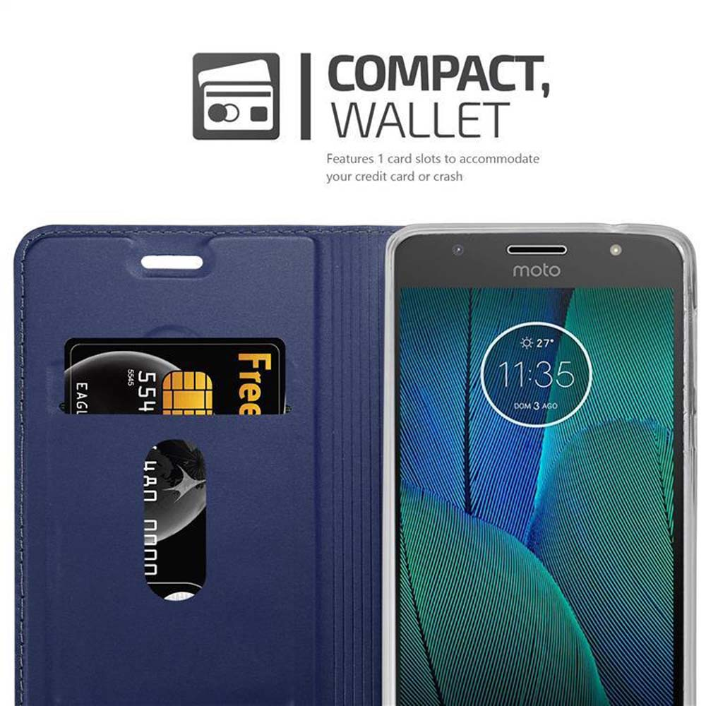 Custodia a portafoglio blu per smartphone con slot per carte e ora 11:35.