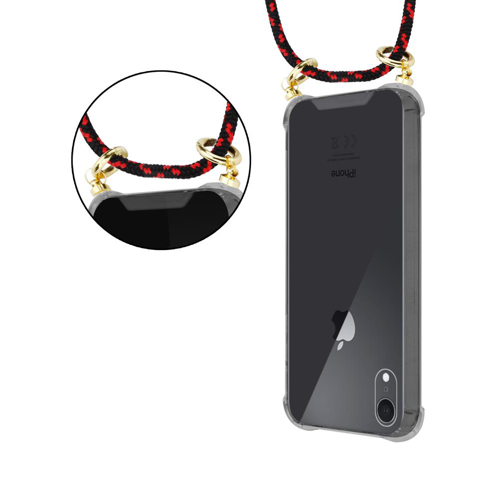 Laccio in corda nero e rosso con anelli dorati attaccato a una custodia trasparente per iPhone.