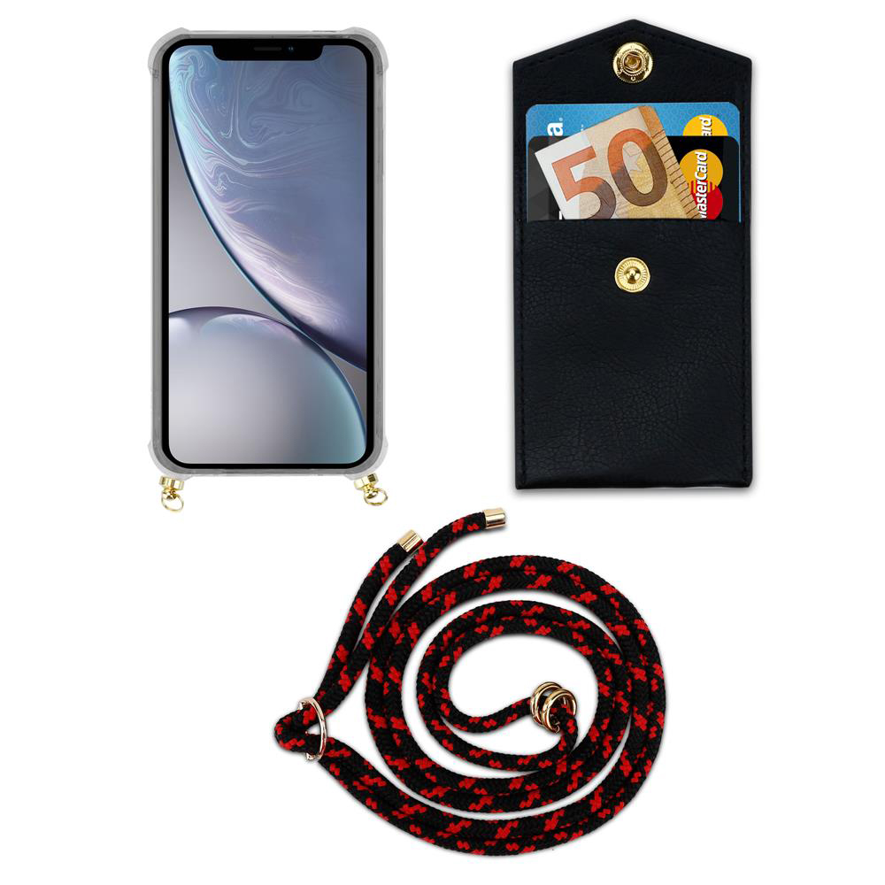 Uno smartphone in custodia trasparente, un portafoglio nero con carte e soldi e un cordino rosso e nero.