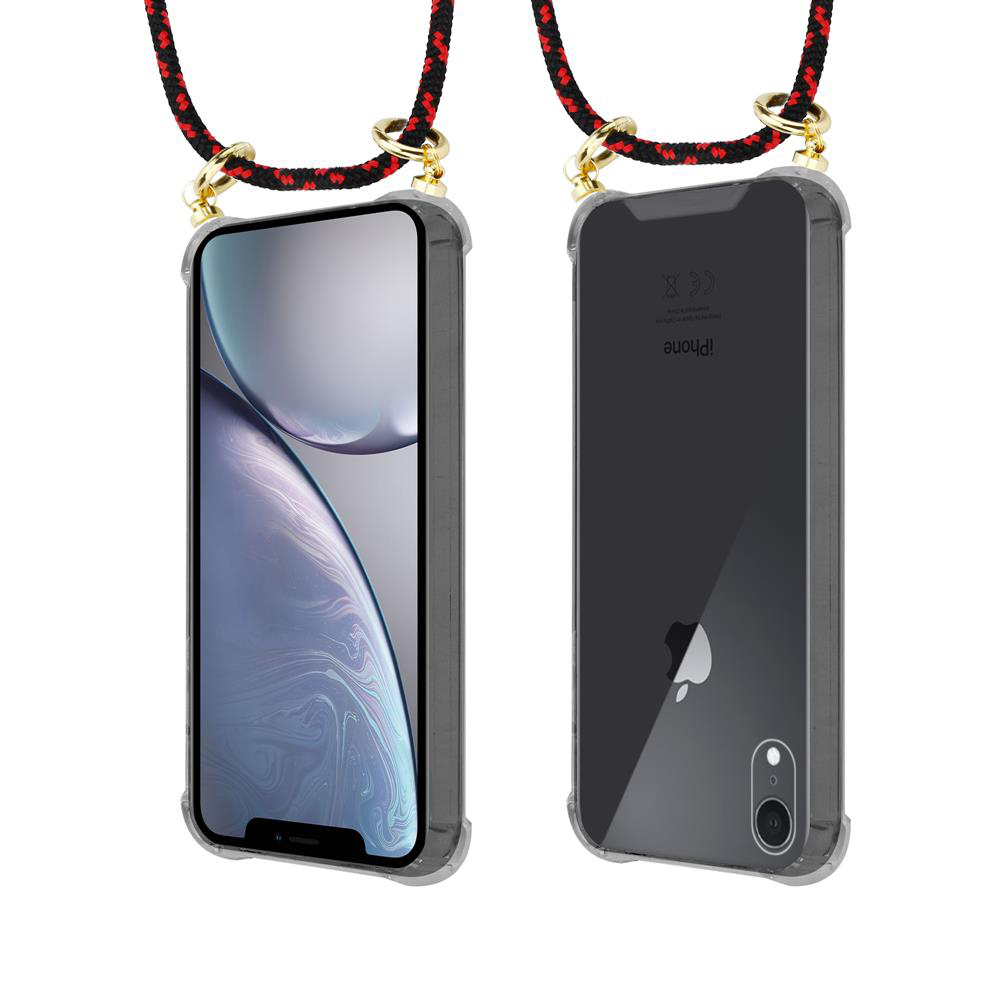 Un iPhone in custodia trasparente con laccetto rosso e nero.