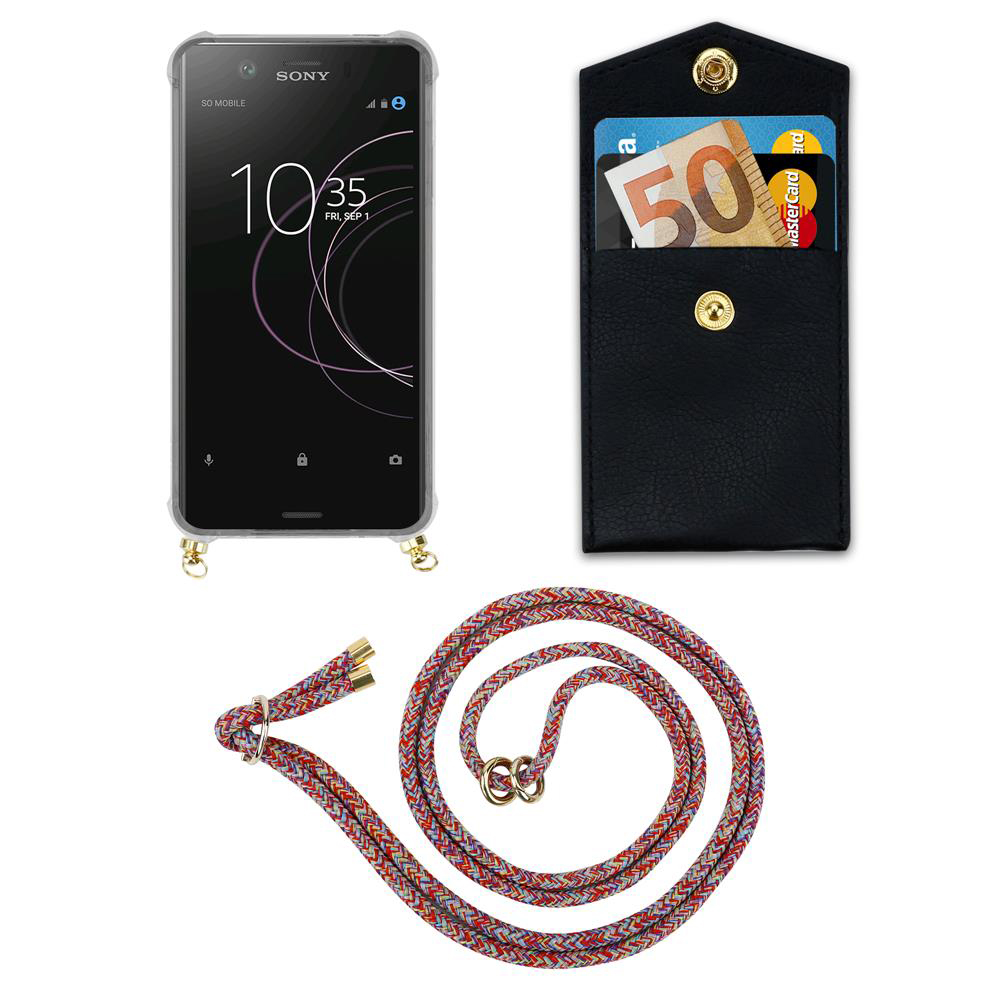 Sony Smartphone mit schwarzer Tasche, Geld und Karten, und bunter Kordel.