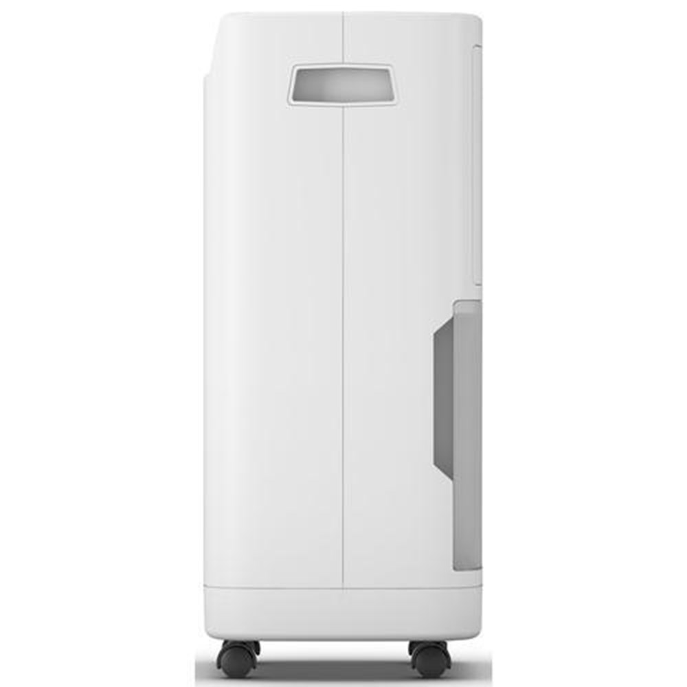 Biały osuszacz powietrza z kółkami, widok z boku.