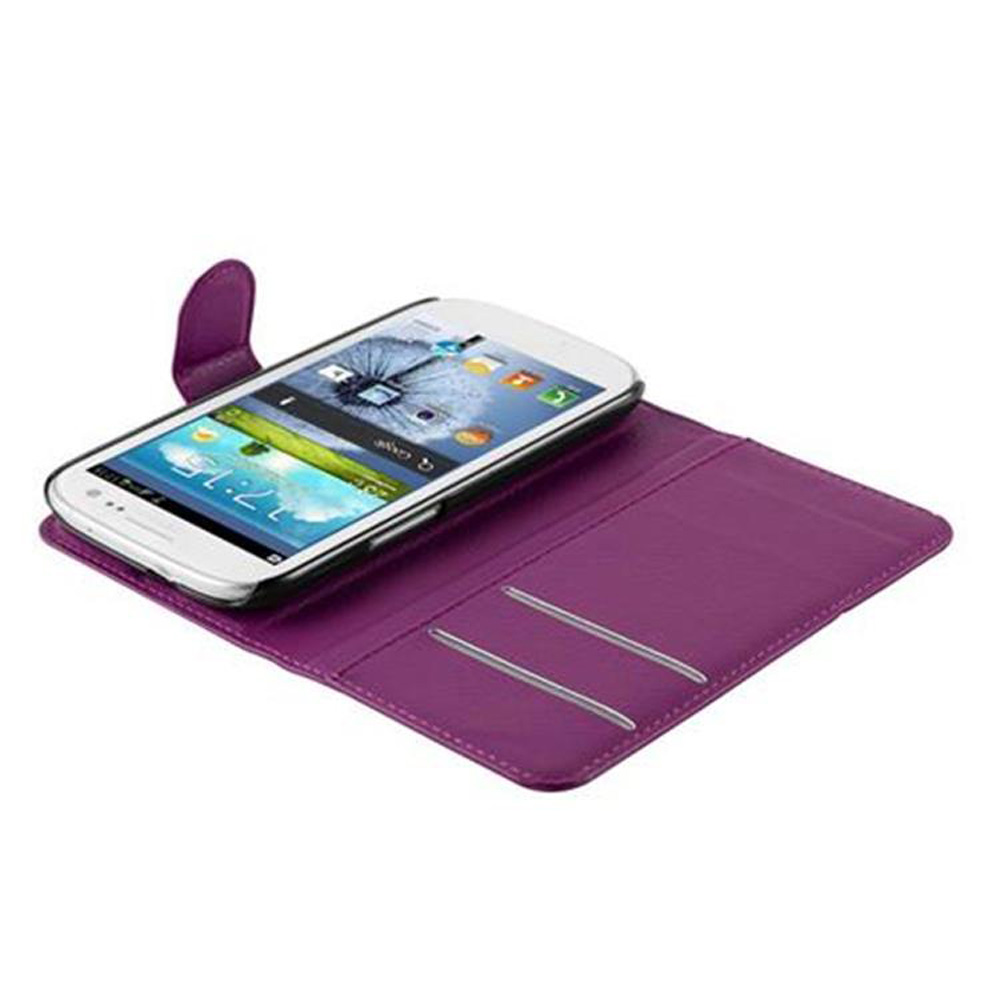 Ein violetter Handy-Flipcase mit einem weißen Smartphone.