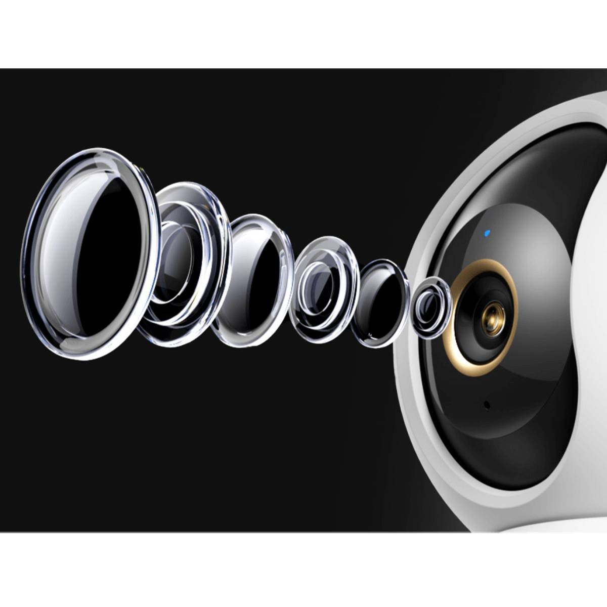 Widok rozstrzelony zespołu soczewek kamery z wieloma szklanymi elementami na czarnym tle.