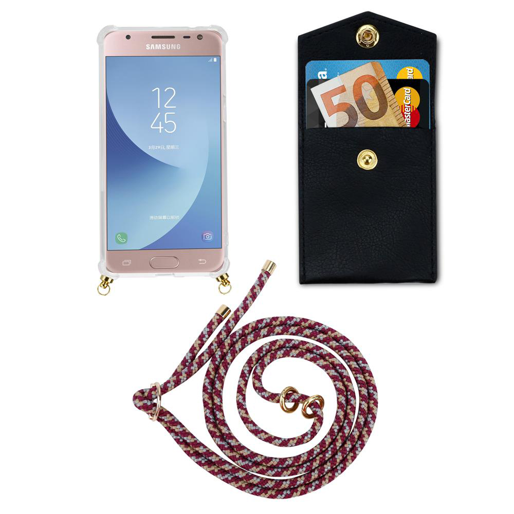 Telefono Samsung in custodia, portafoglio con soldi e carte, e cordino.