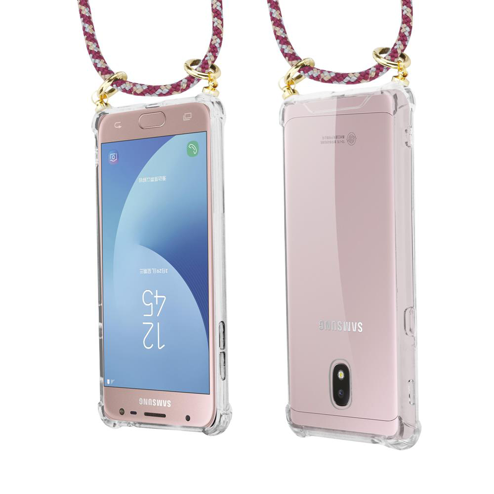 Due smartphone rosa in custodie trasparenti, appesi a un laccio.