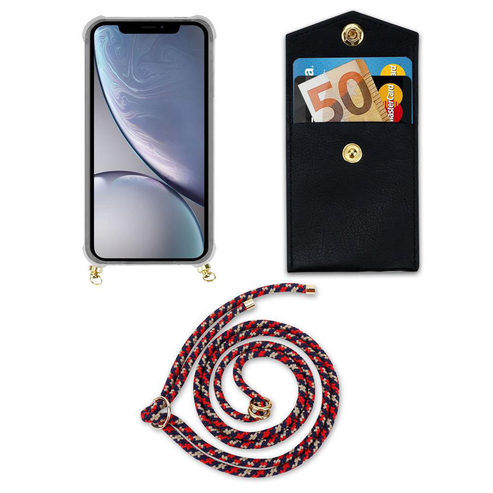 Custodia iPhone con porta carte e cordino.