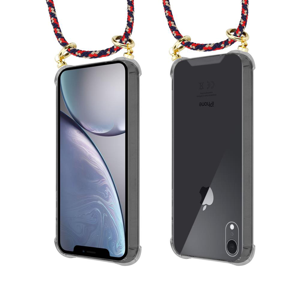 Uno smartphone in una custodia trasparente con laccetto intrecciato.