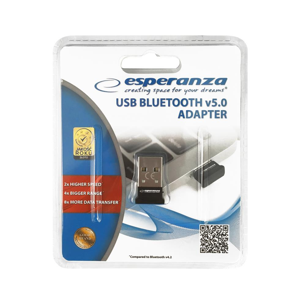 Esperanza USB Bluetooth v5.0 Adapter in Verpackung mit QR-Code.