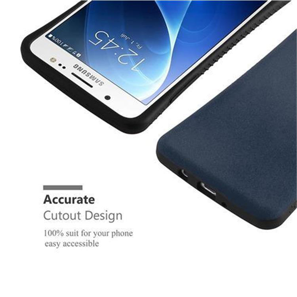 Ein Smartphone mit schwarzer Hülle und blauem Gehäuse daneben.