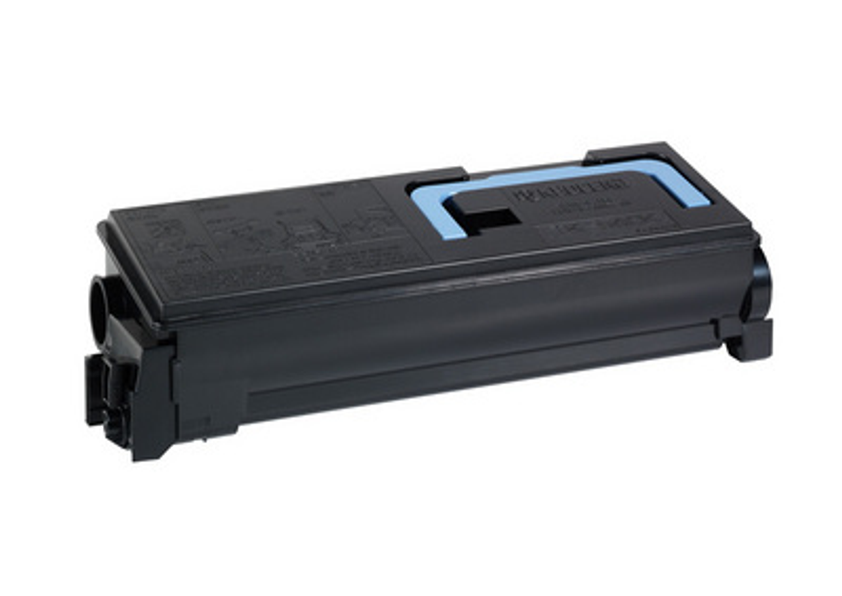 Zwarte tonercartridge met blauwe handgreep op witte achtergrond.