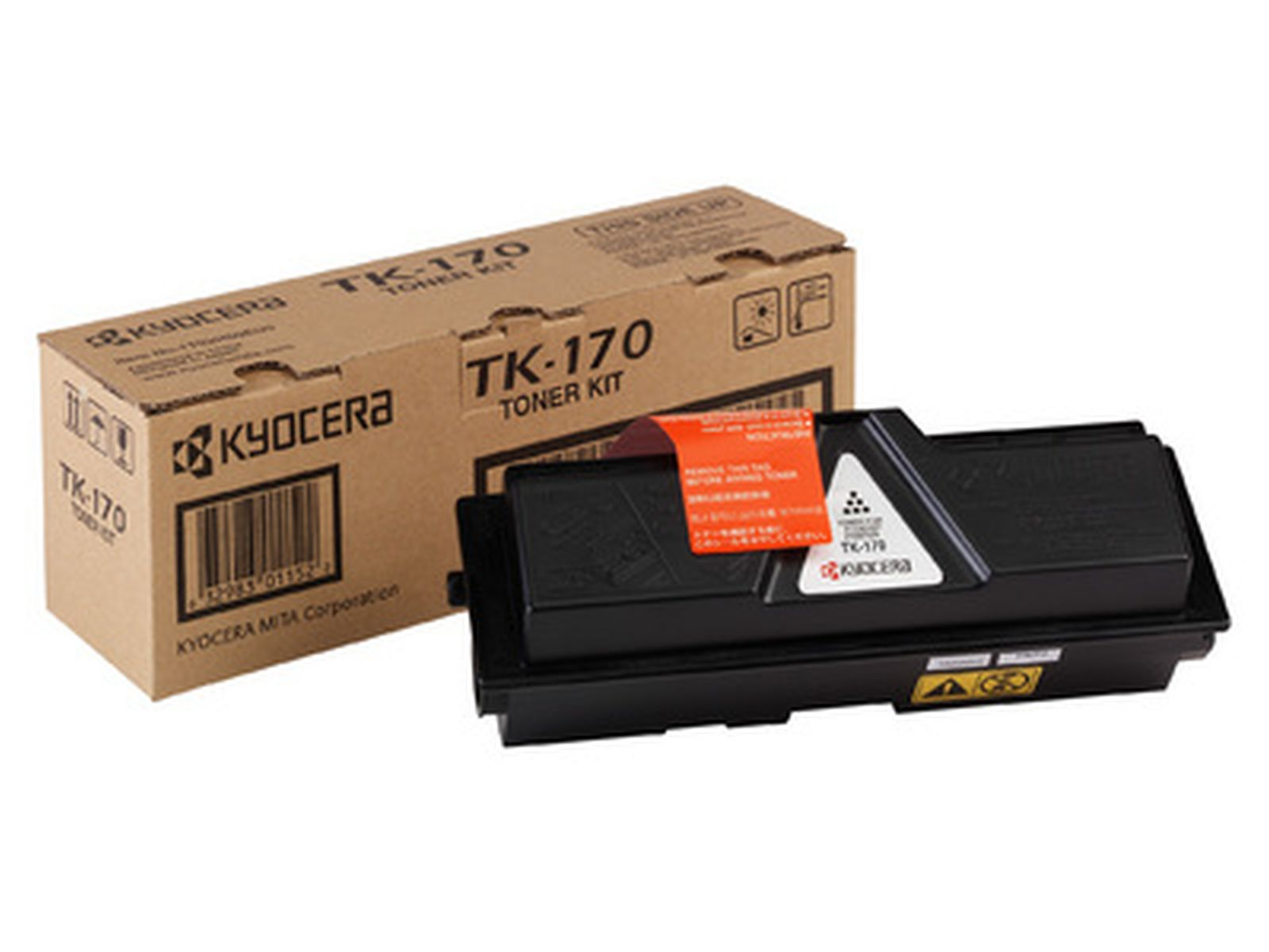 Toner Kyocera TK-170 i kartonowe pudełko na białym tle.