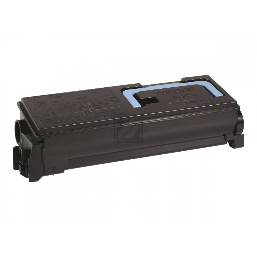 Zwarte tonercartridge met blauw handvat en labels.