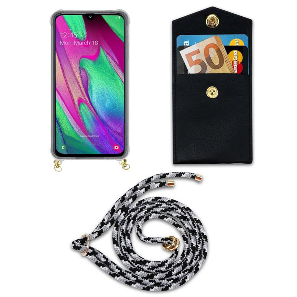 Smartphone con custodia nera, portafoglio con carte e banconota da 50 euro, cordino.