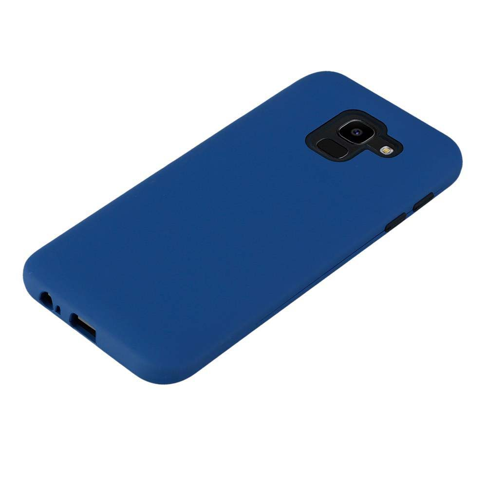 Una custodia blu per telefono con ritaglio fotocamera su sfondo bianco.