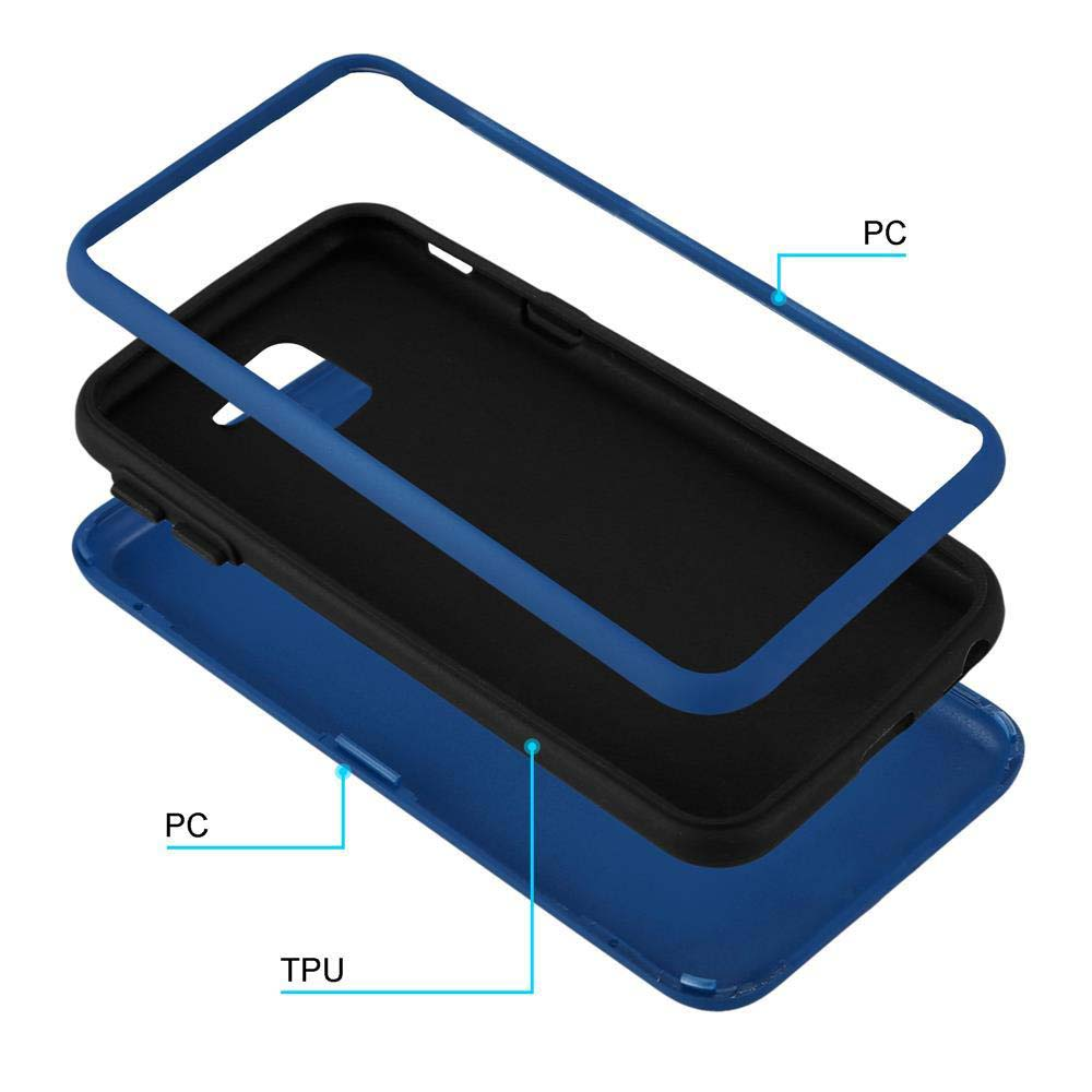Custodia per telefono a tre strati: cornice blu in PC, inserto nero, base blu in TPU.