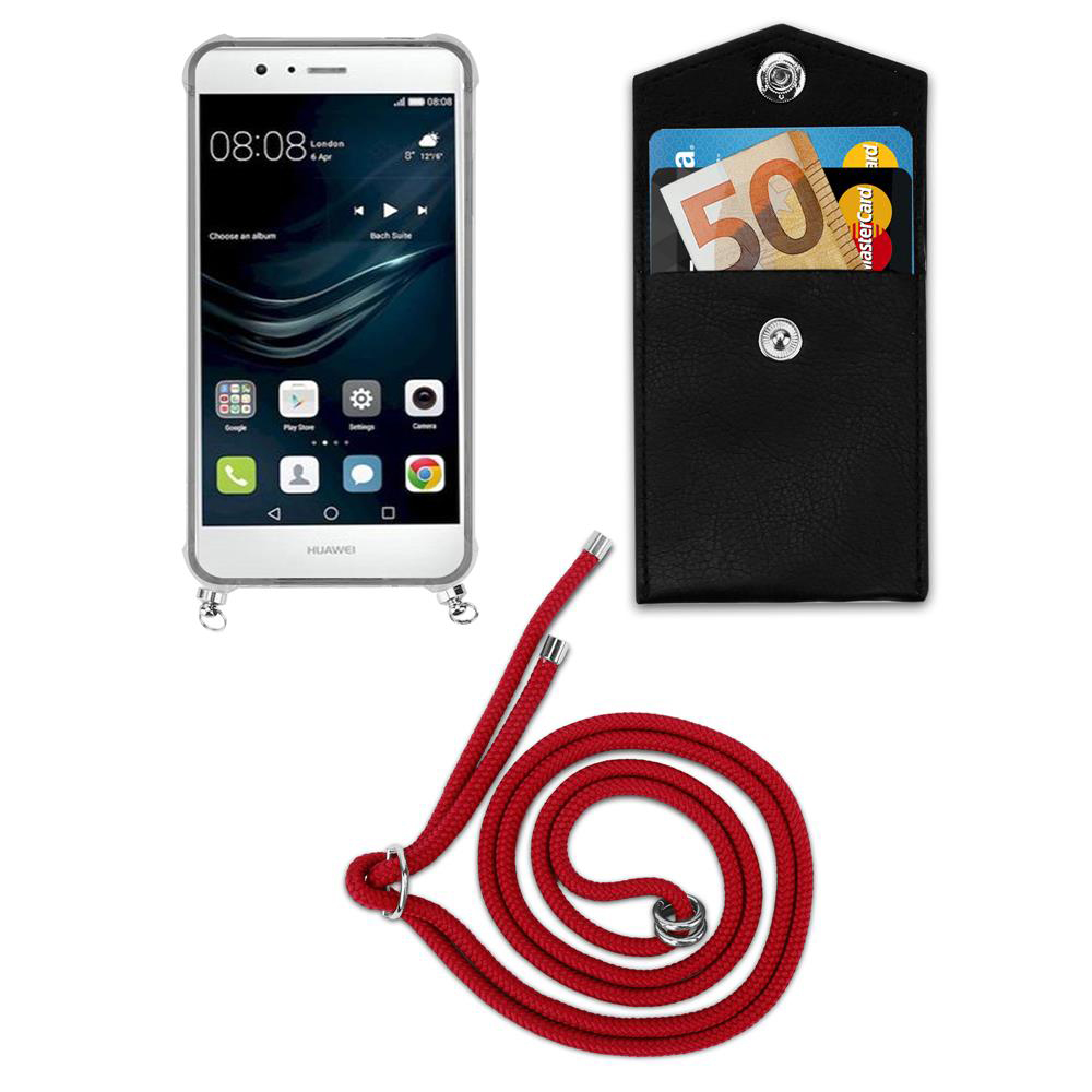 Uno smartphone, un portafoglio nero con soldi e carte, e un cordone rosso.