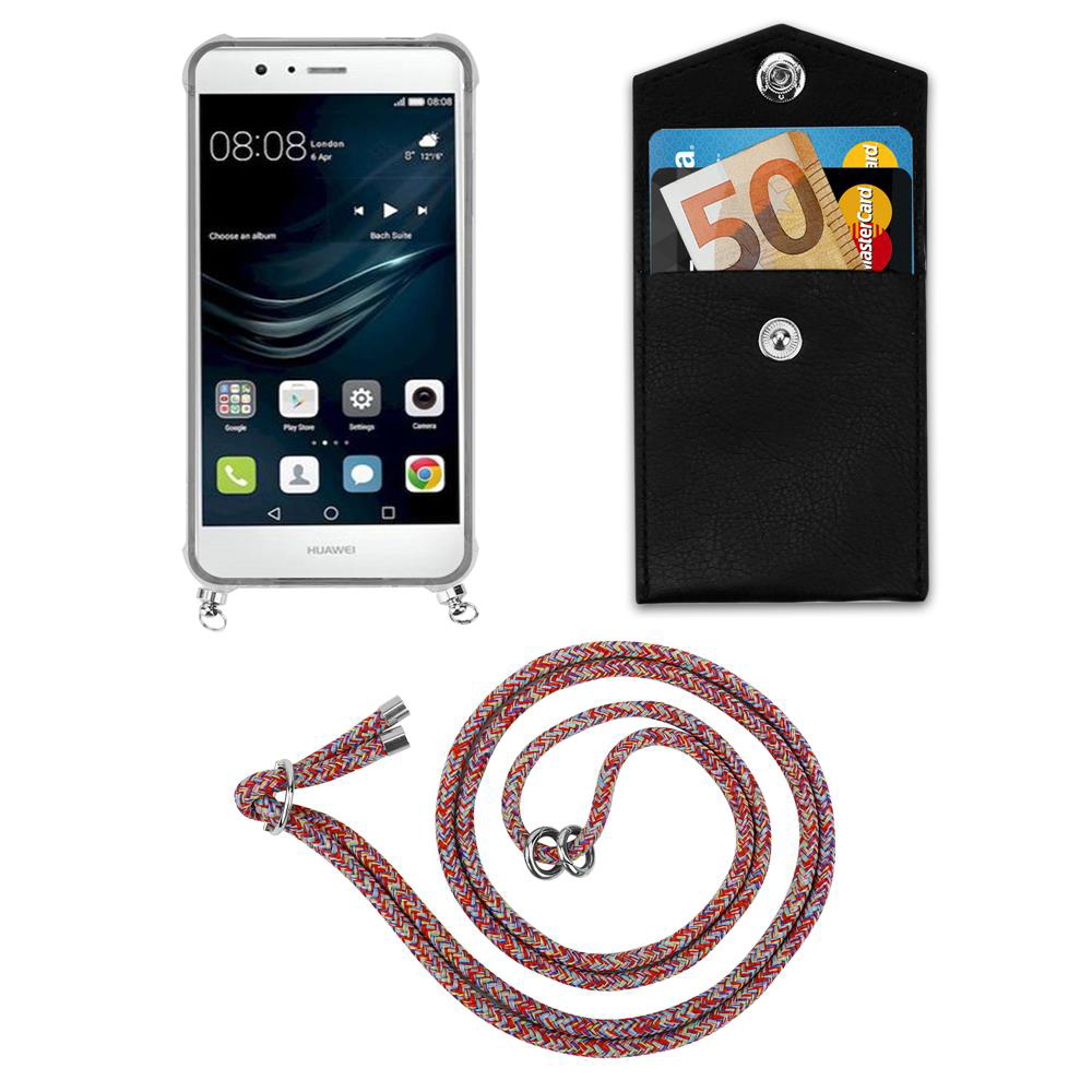 Ein Smartphone, eine schwarze Brieftasche mit Geld und Karten, und eine bunte Kordel.