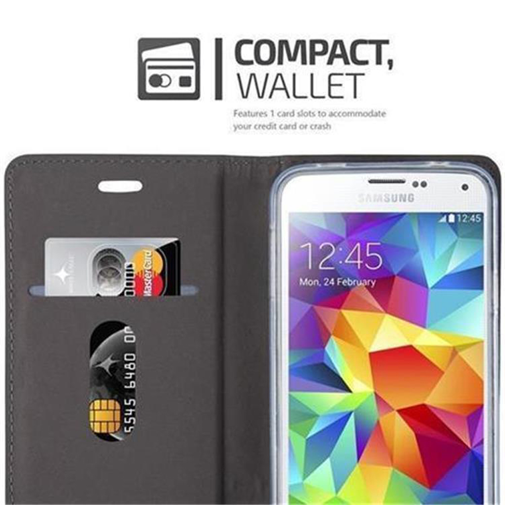 Graues Wallet-Handycover mit zwei Kartenfächern und einem Smartphone.