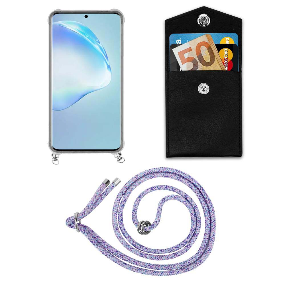Smartphone in custodia, portafoglio con banconota da 50 euro e carta di credito, cordino viola.