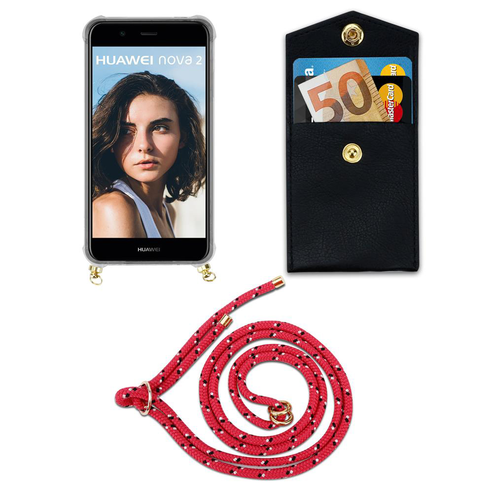 Smartphone con custodia, porta carte e cordino rosso.