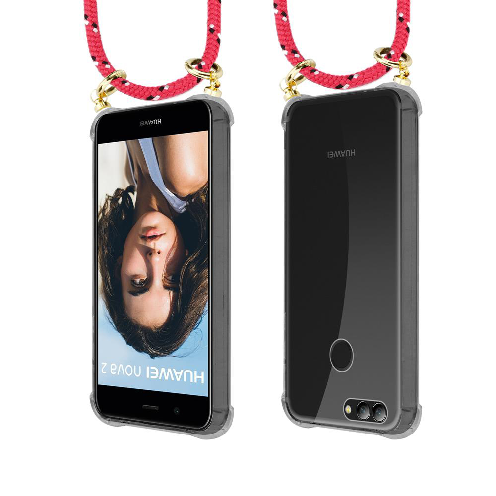 Due telefoni Huawei Nova 2 con cordini rossi. Uno mostra un ritratto, l'altro il retro.