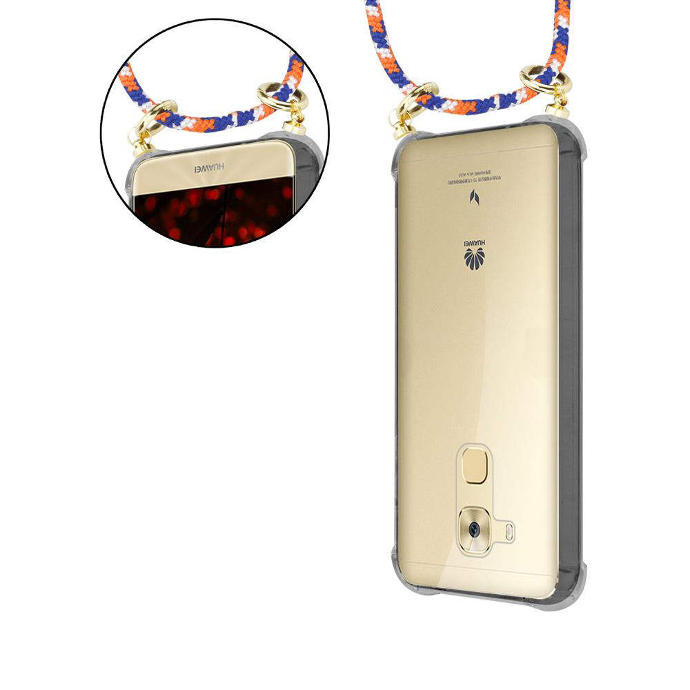Uno smartphone Huawei dorato in custodia trasparente con laccetto.