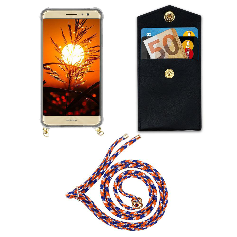 Smartphone in custodia, portafoglio nero con carte e cordino.