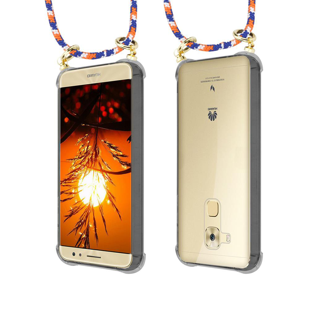 Smartphone Huawei dorato in custodia trasparente con laccetto colorato.