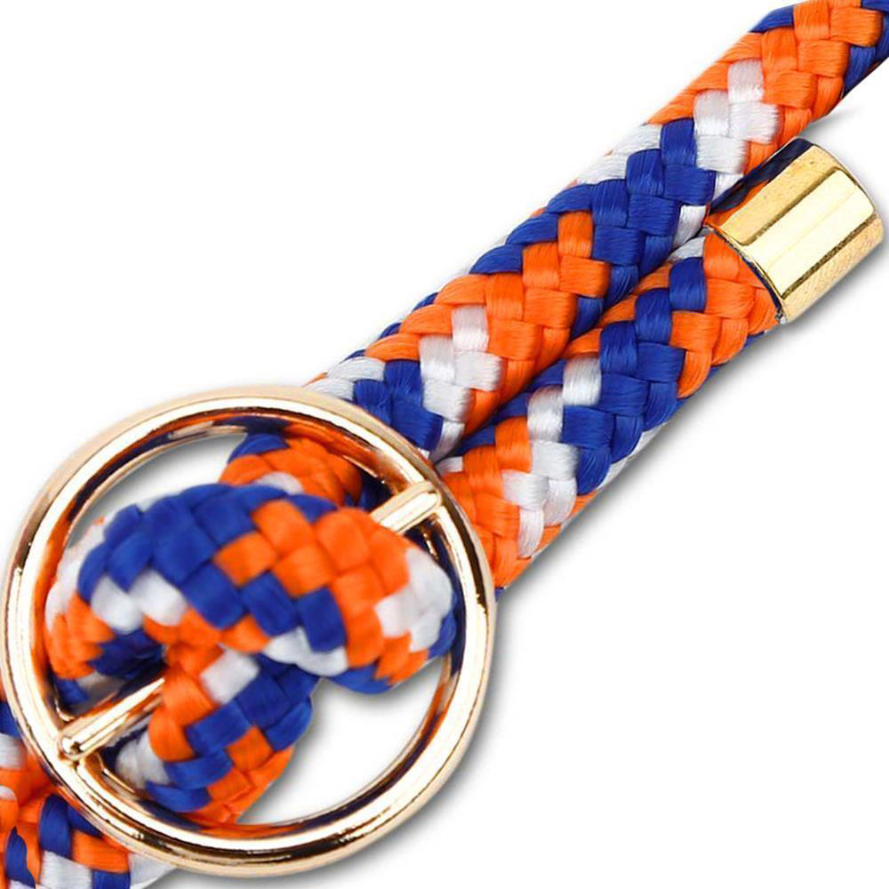 Cordino intrecciato arancione, blu e bianco con anello e chiusura dorati.