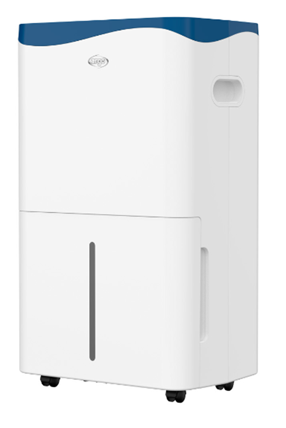 A white dehumidifier with a blue top edge and wheels.